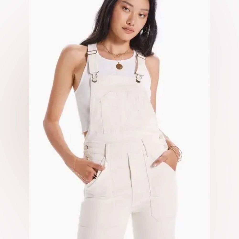 MOTHER Denim Mother Cream Patch Pocket Denim Overalls
